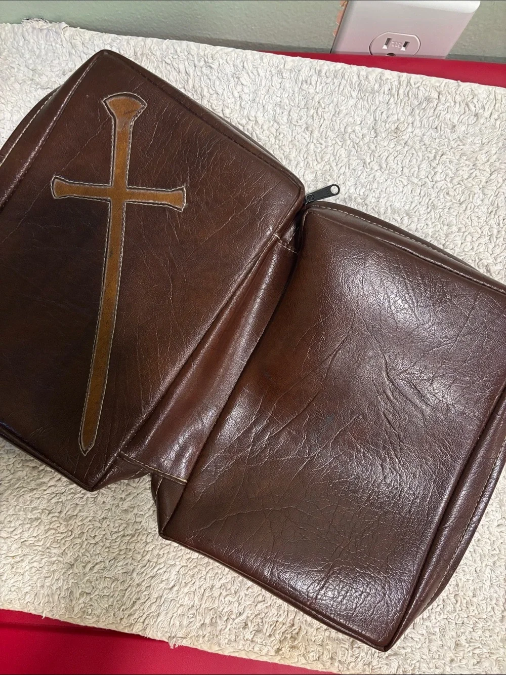 Vintage faux leather zippered Bible cover case with  raw nail cross design